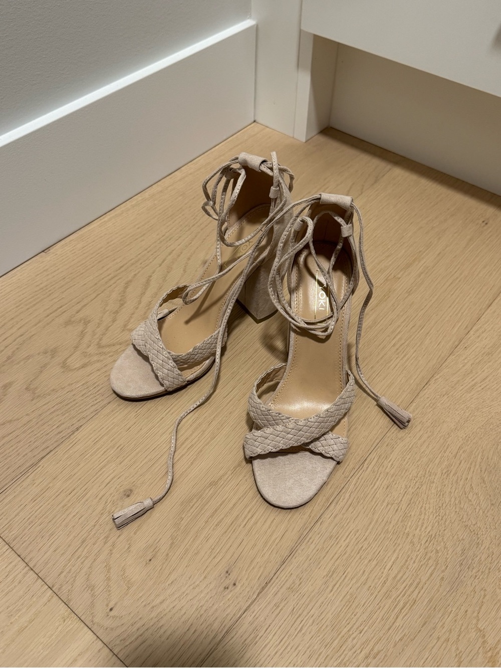 Yoki - Braided Lace-Up Block Heel Sandals - Beige